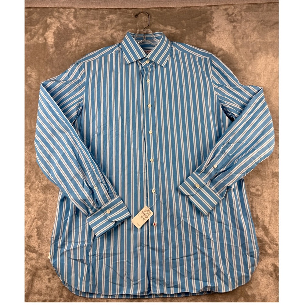 Isaia Dress Shirt Mens 16.5 Striped Blue White Button-Down NEW
